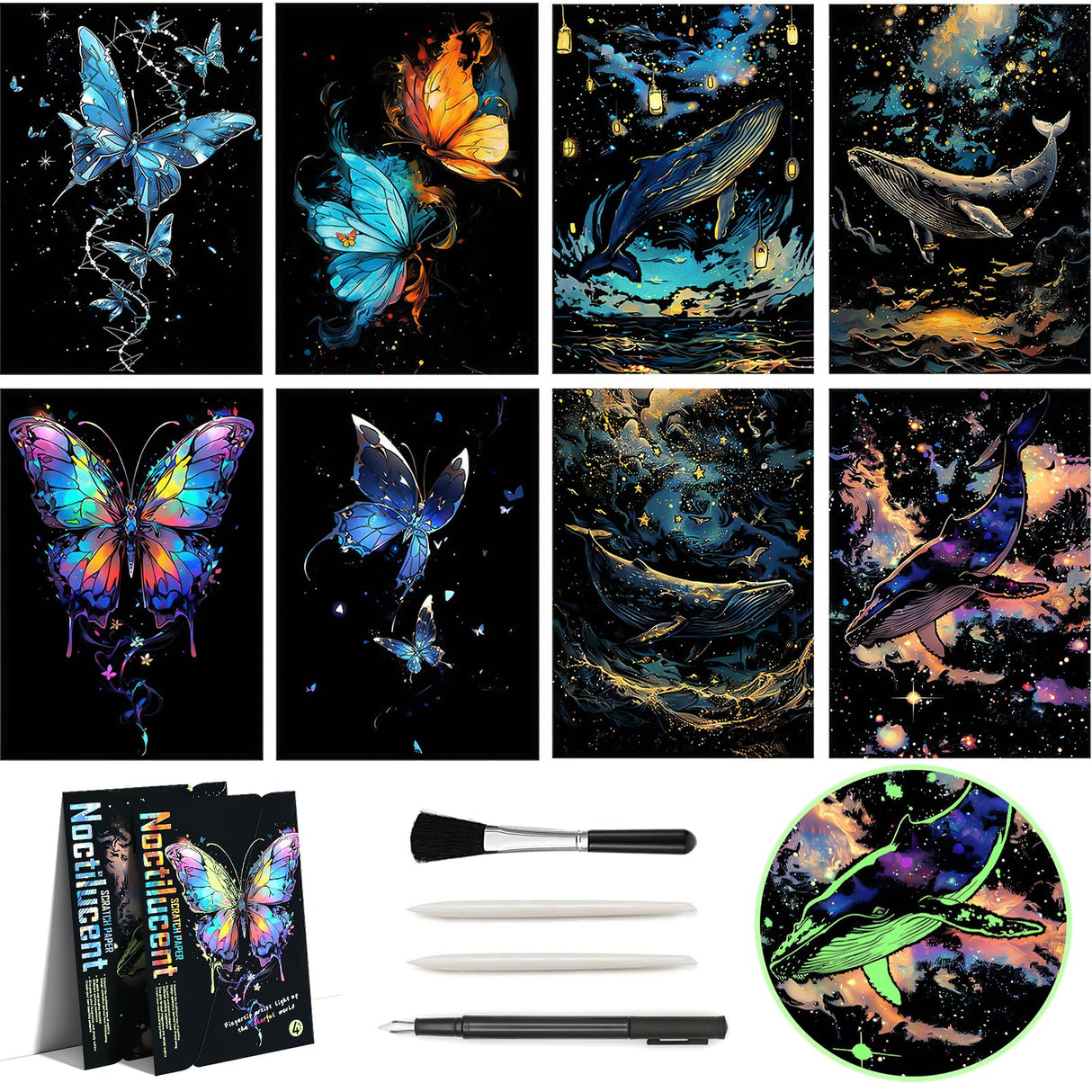 Glow in The Dark Scratch Art Rainbow Painting Paper 8 Sheet with Pen / Cleaning Brush, Engraving Landscape Scratchboard(A4) for Kids Teens & Adults, Fun Sketch Card Creative Craft Toy (Animal) AP ARTSPER