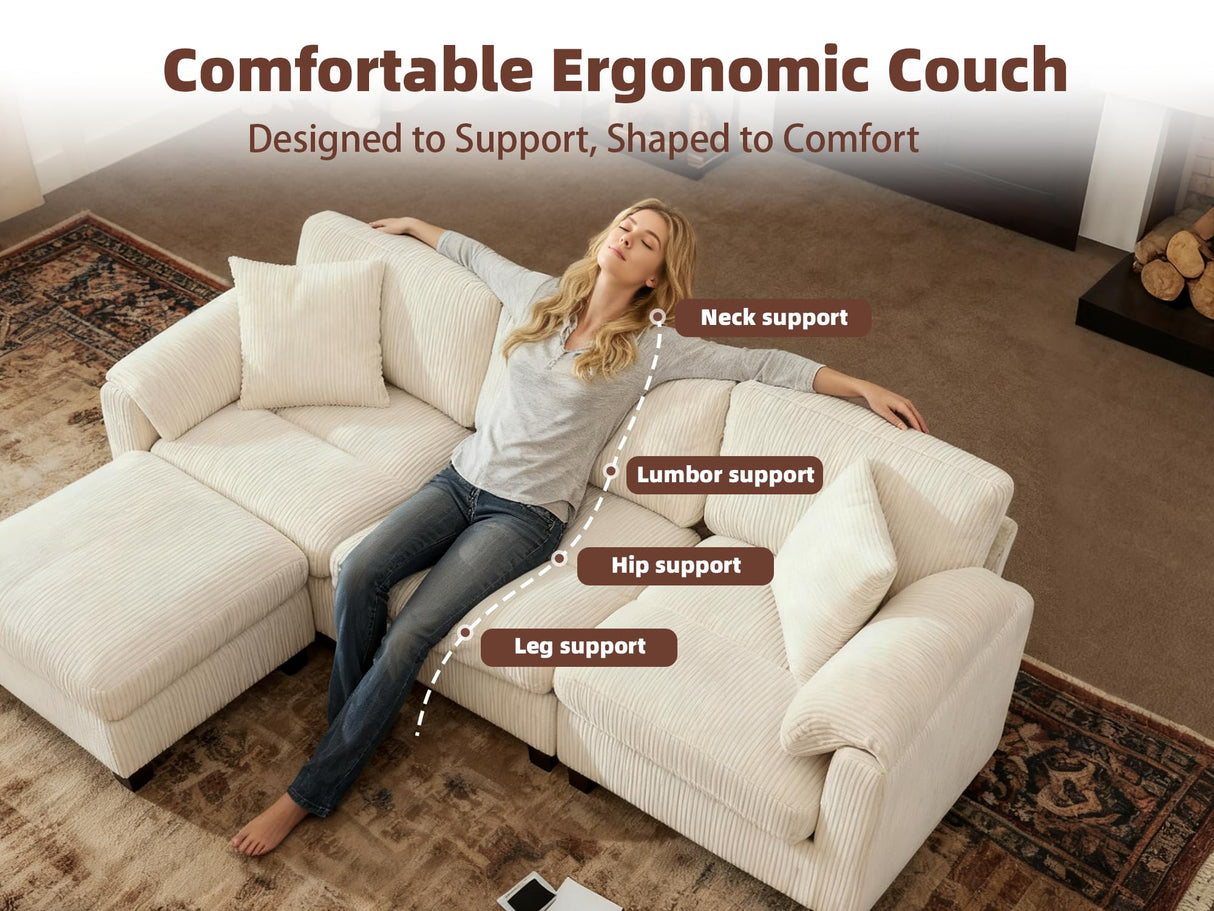 BINGTOO Beige Modular Sectional Sofa with Movable Ottoman, 90” L Shaped Comfy Cloud Couch with 2 Pillows, 3-Seater Deep Seat Sofa for Living Room or Apartment, Beige BINGTOO