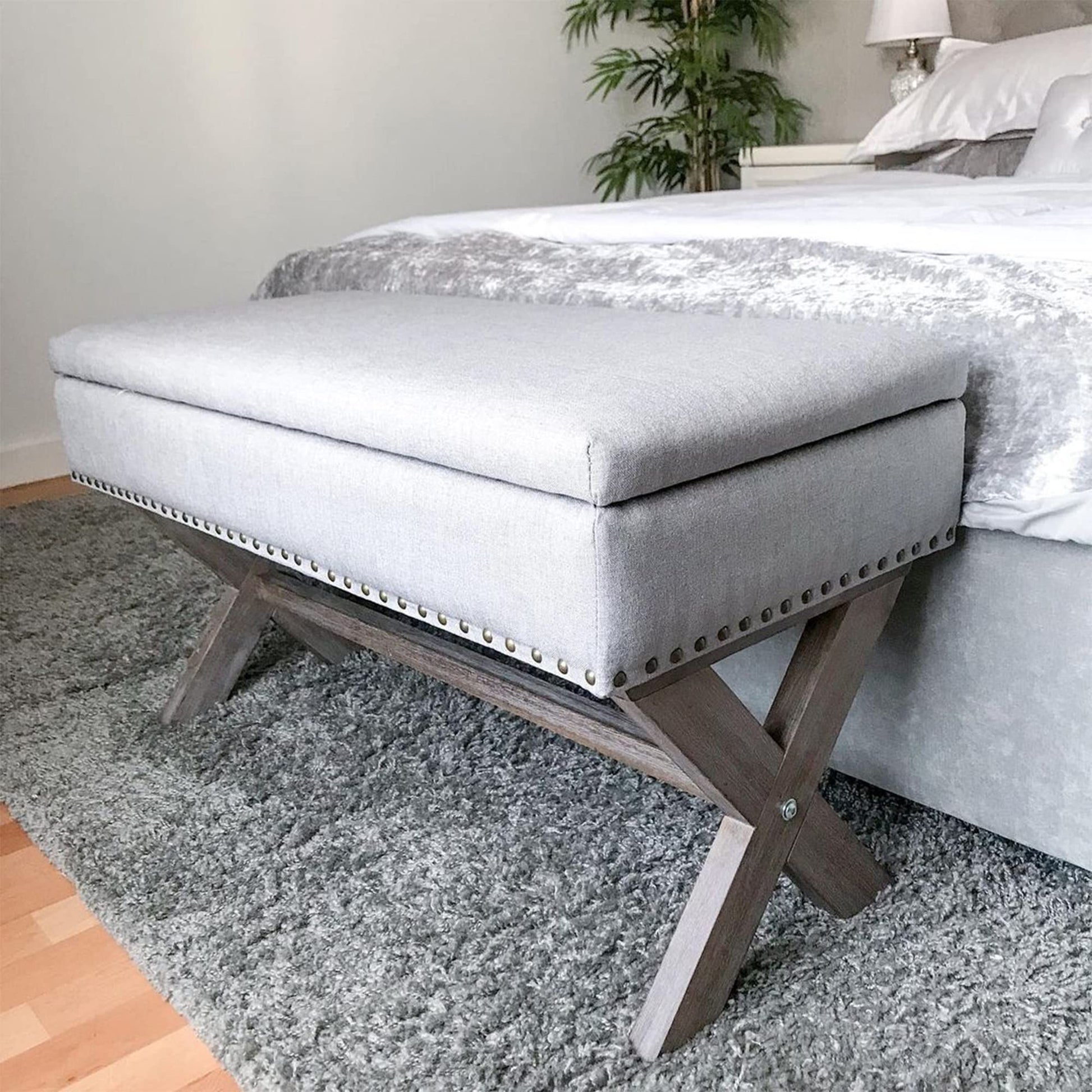 HOMCOM 35.75" Storage Ottoman, Upholstered Storage Bench with Hidden Space, Nailhead Trim and X-Shaped Wood Legs, for Living Room, Entryway, Bedroom, Grey - WoodArtSupply