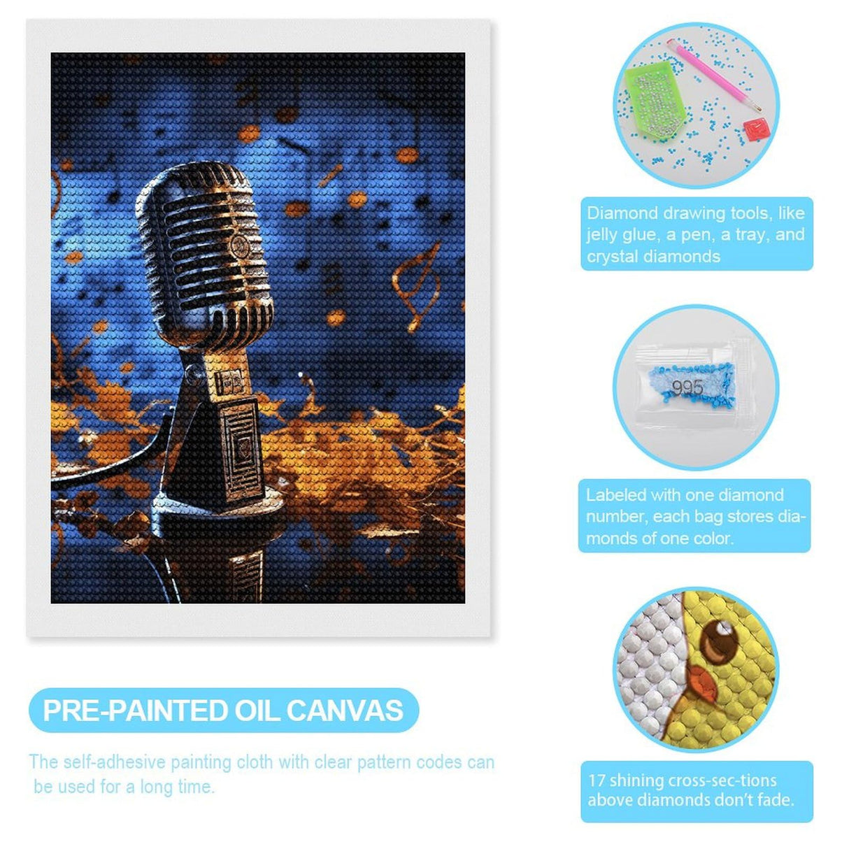 GHENBLT Microphone with Music Notes 5D Diamond Painting Kits for Adults Beginners Large Round Diamond Art Painting DIY Full Drill Diamond Dots Wall Paintings Gem Art for Gift Home Wall Decor 12"x16" GHENBLT