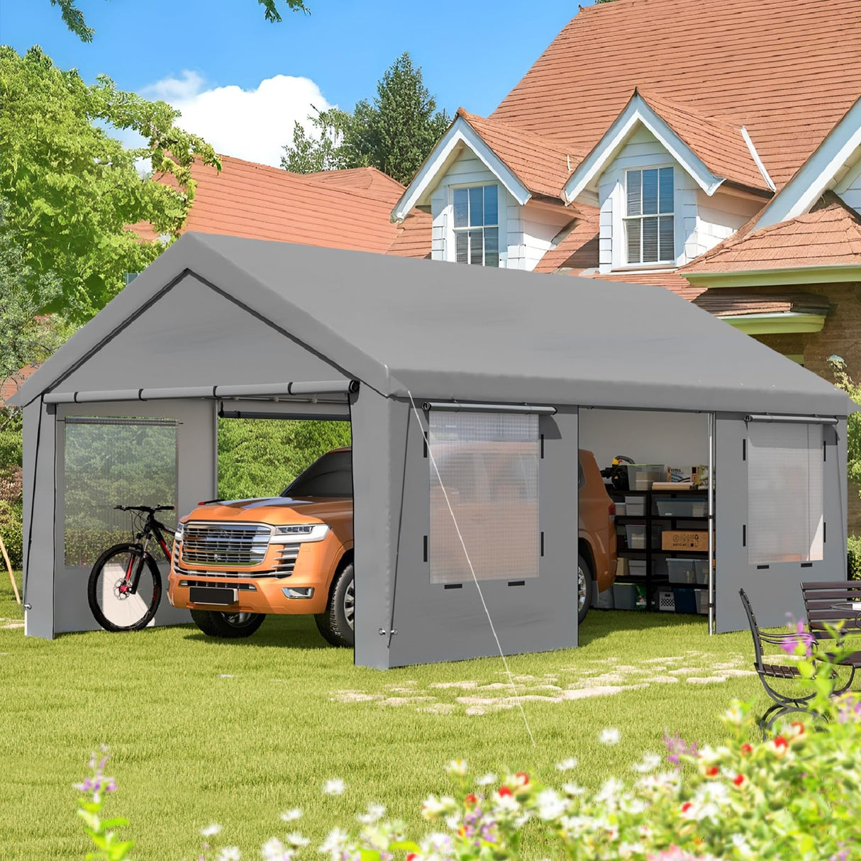 EROMMY 13' x 20' Carport，Portable Garage with UV Protection & Steel Frame, Heavy Duty Car Port with Removable Sidewalls, All-Season Car Canopy for Tractor, Truck, Boat, Outer Gray and Inner White EROMMY