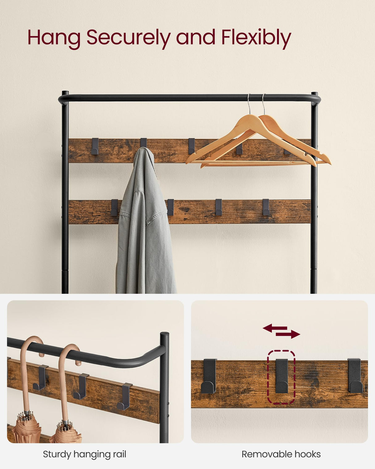 VASAGLE Hall Tree with Bench and Shoe Storage, Entryway Bench with Coat Rack Stand and Shoe Rack, 9 Movable Hooks, Top Bar, Fabric Shelves, Industrial, Rustic Brown and Black UHSR421B01 VASAGLE