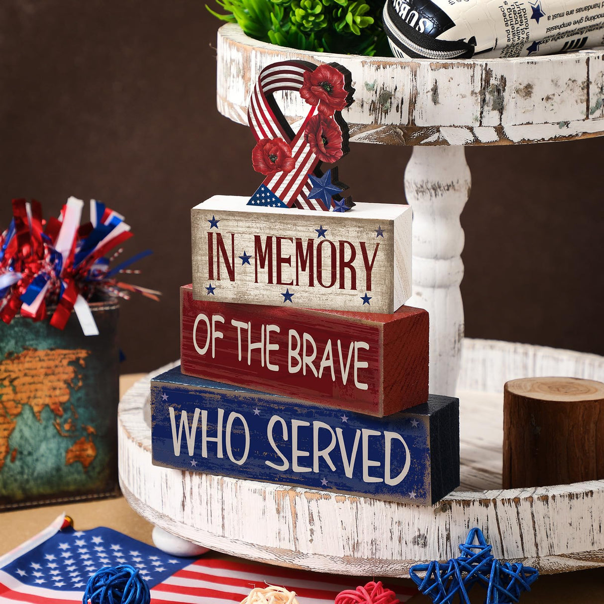 CroBlissful 4 Pcs Memorial Day Decorations Patriotic Tiered Tray Decorations 4th of July Table Sign Farmhouse Red White Blue Rustic Wood Block Stack Sign for Home Shelf Mantel(Ribbon) CroBlissful