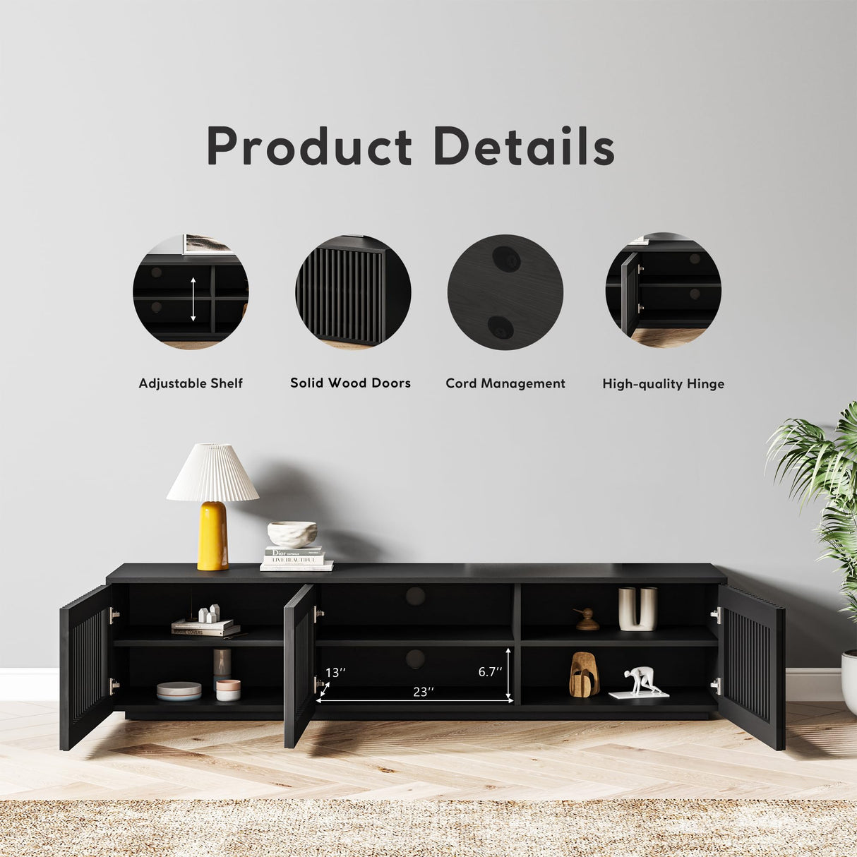 POVISON Modern Solid Wood TV Stand, Black Entertainment Center for 65 inch TV, Full Assembled Media Console with Storage, Farmhouse Low TV Cabinets POVISON