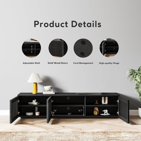 POVISON Modern Solid Wood TV Stand, Black Entertainment Center for 65 inch TV, Full Assembled Media Console with Storage, Farmhouse Low TV Cabinets POVISON