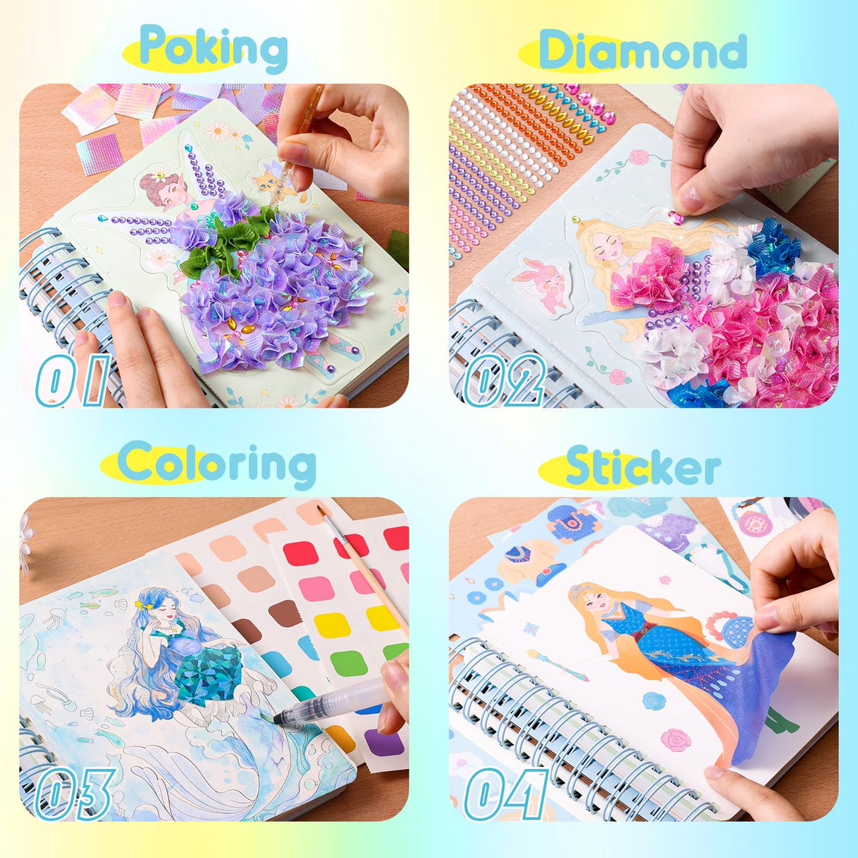 MIROLA KIDS 4 in 1 Poke Craft Kits for Girls, Magic Princess Crafts for Kids Ages 4-8, DIY Activity with Princess Stickers, Watercolor Paint, Diamond Art Gifts for 4 5 6 7 8+ Year Old Girls MIROLA KIDS
