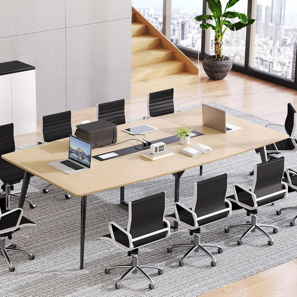 DWVO 8FT Conference Table, 94.5" Boat Shaped Meeting Table with Power Outlets & Rectangle Grommet, Modern Seminar Table for Office Conference Room, Boardroom Desk DWVO