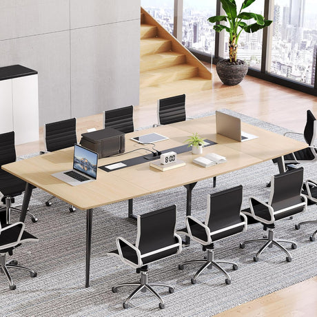 DWVO 8FT Conference Table, 94.5" Boat Shaped Meeting Table with Power Outlets & Rectangle Grommet, Modern Seminar Table for Office Conference Room, Boardroom Desk DWVO