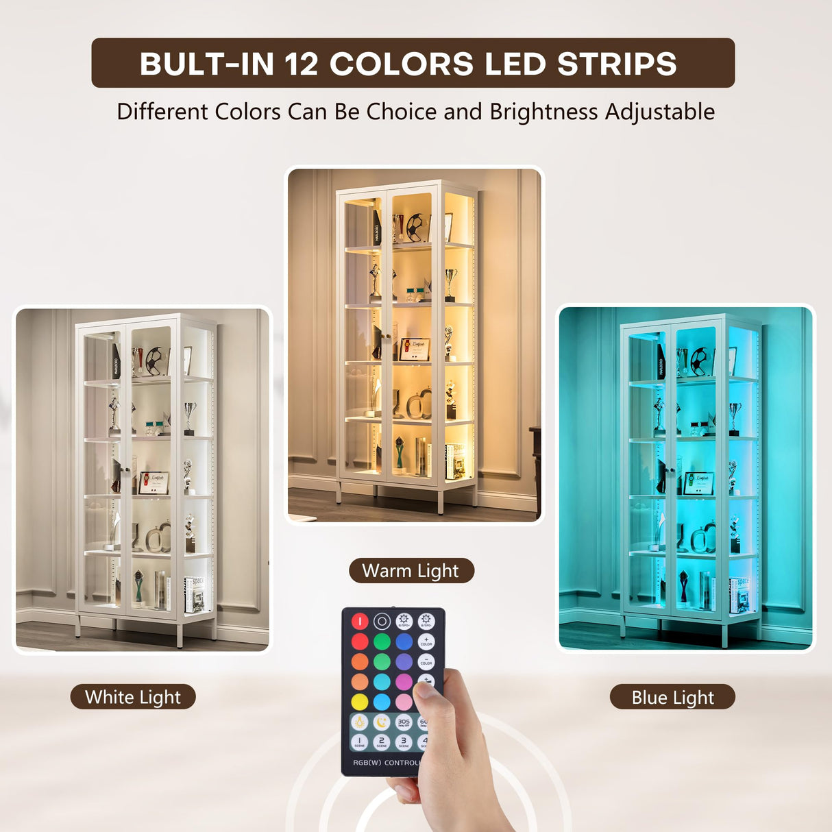 Lucky Monet 5-Tier Display Cabinet with 12 Color Lights & Glass Doors, 67" Lighted Curio Cabinet with Adjustable Shelves, Glass Metal Display Case for Collectibles Figures China (White) Lucky Monet