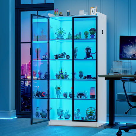 Lvifur 66" Tall Storage Cabinet, LED Kitchen Pantry Cabinet with Human Body Induction, 5 Tier Bookcase Display Cabinet with Adjustable Shelves for Living Room Office (White) Lvifur