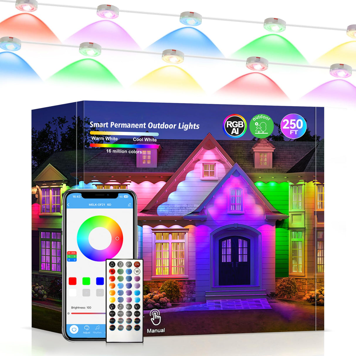 Permanent Outdoor Lights 250ft RGB+IC Outdoor String Lights App Control IP67 Waterproof,100 Scene Modes Decorations for Home,Christmas,Halloween,Holiday, Daily,Birthday Decor DIY Led Jeryyen