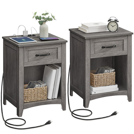 VASAGLE LIRY Collection - Farmhouse Nightstands with Charging Station, Set of 2 Bedside Tables, Side Tables with Drawer, Open Compartment, for Bedroom, Misty Gray ULET859G01 VASAGLE