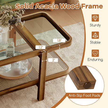 Tangkula Rattan Coffee Table, 47.5”L Boho Cocktail Tables, 2-Tier Center Table with Tempered Glass Tabletop, PE Rattan Shelf & Acacia Wood Frame, Mid Century Modern Tea Table for Living Room (Natural) Tangkula