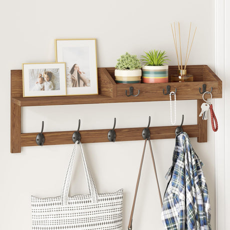 AMBIRD Wall Hooks with Shelf 26.57inch Entryway Wall Hanging Shelf Wood Coat Hooks for Wall with Shelf Coat Rack Wall Mount Rack with 5 Dual Hooks 3 Key Hooks Mail Organizer and Key Rack Key Holder AMBIRD