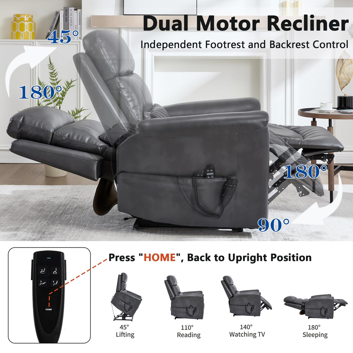 cinkehome Dual Motor Lift Recliner with Heat and Massage for Elderly, Small Power Lift Chairs with Remote Control & Lumbar Support, Infinite Position Lifting Recliner for Living Room, Dark Grey cinkehome