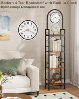 HIGDBFE Bookshelf, 4 Tier Arched Bookshelf with Built-in Clock, 68.2" Tall Narrow Bookcase, Modern Standing Book Shelf for Living Room, Bedroom, Home Office, Rustic Brown HIGDBFE