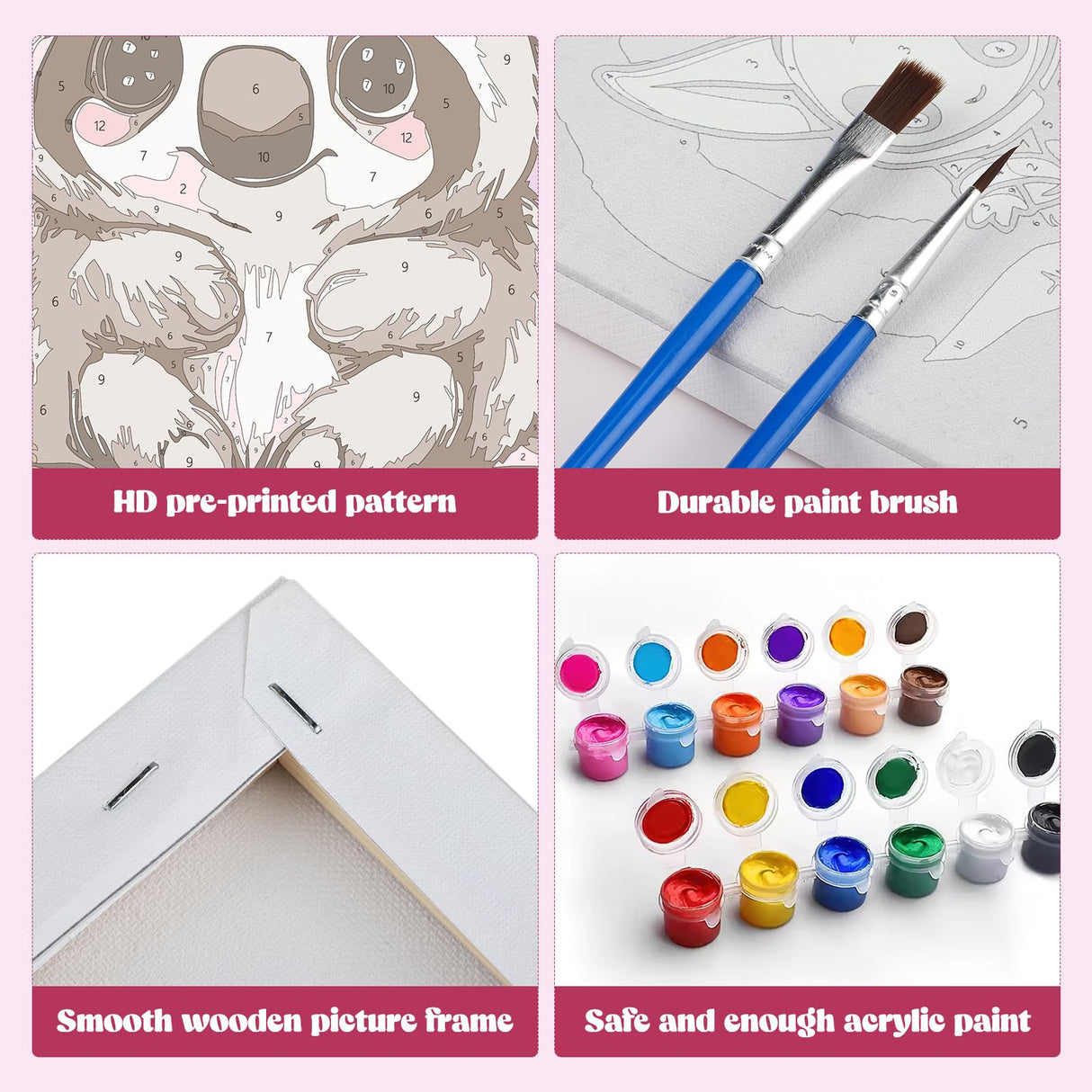 MXJSUA 4 Pack Framed Cute Animals Paint by Numbers for Kids Ages 6-12, Panda Elephant Sloth Koala Paint by Number Kits for Children Beginner, Acrylic Oil Painting for Home Wall Decor (8x8inch) MXJSUA