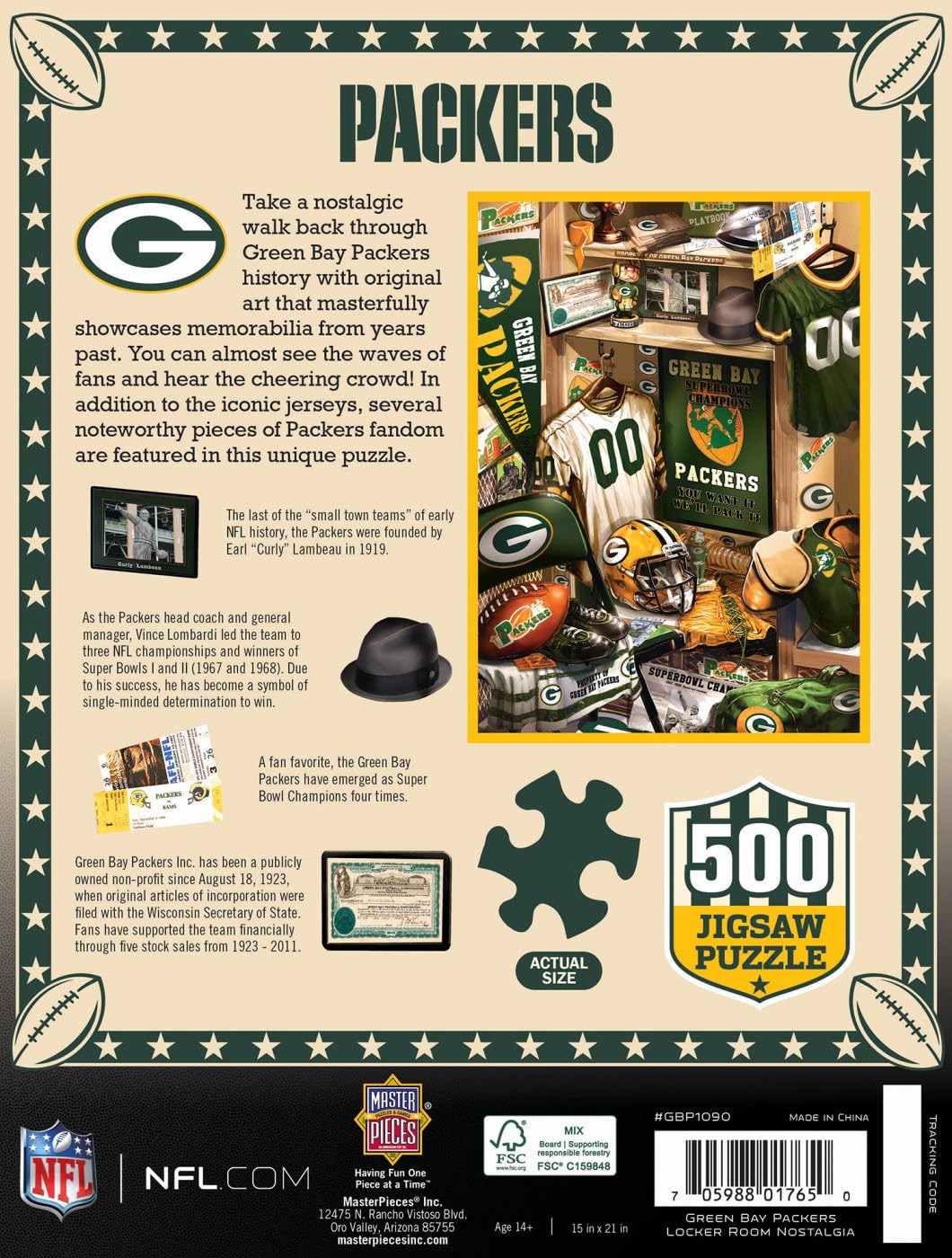 MasterPieces Game Day 500 Piece Jigsaw Puzzle for Adults - NFL Green Bay Packers Locker Room - 15"x21" Masterpieces