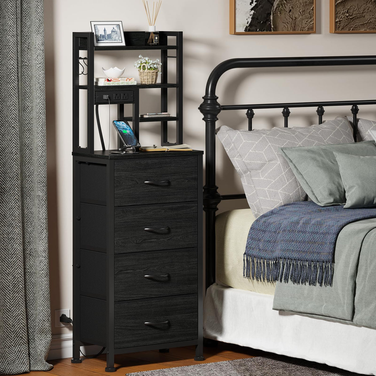 Furnulem Tall Nightstand, LED Night Stand with Charging Station and USB Ports, 4 Fabric Drawers and 4 Tier Storage Shelf, Nightstands Bedside Tables for Bedroom, Dorm, Office (Black Oak) Furnulem