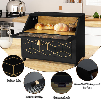 HOLTICO Large Bread Box With Golden Trim for Kitchen Countertop, Wooden Bread Container for Kitchen Counter, Corner Bread Storage for Homemade Bread Black - WoodArtSupply