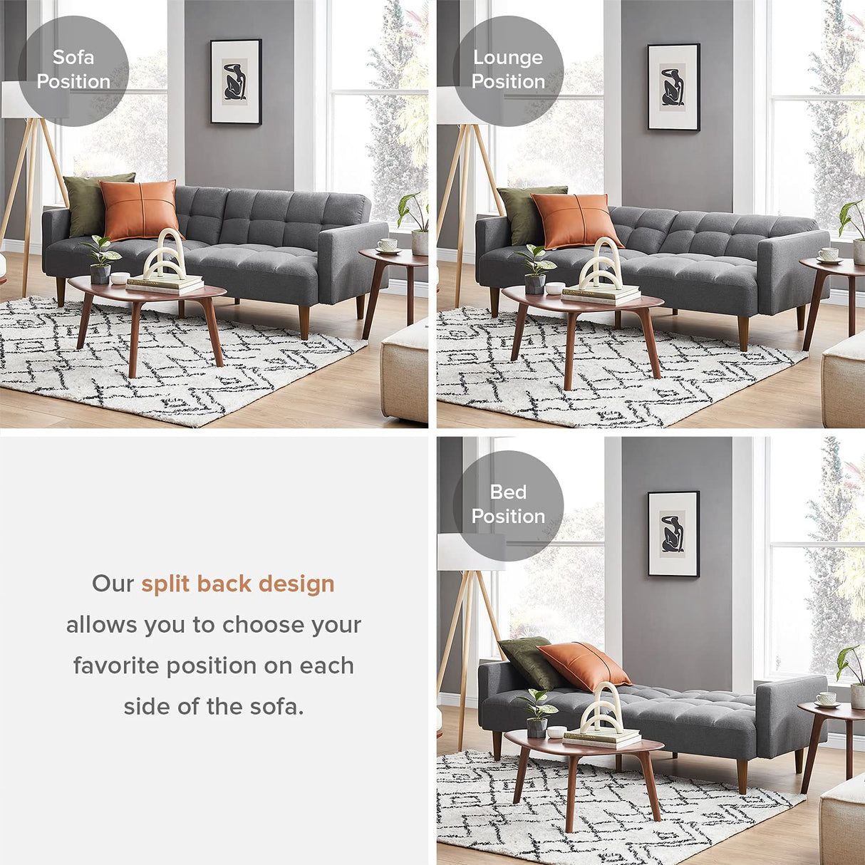 mopio Aaron Couch, Small Sofa, Futon, Sofa Bed, Sleeper Sofa, Loveseat, Mid Century Modern Futon Couch, Sofa Cama, Couches for Living Room, Bedroom (Dark Gray, Fabric) mopio