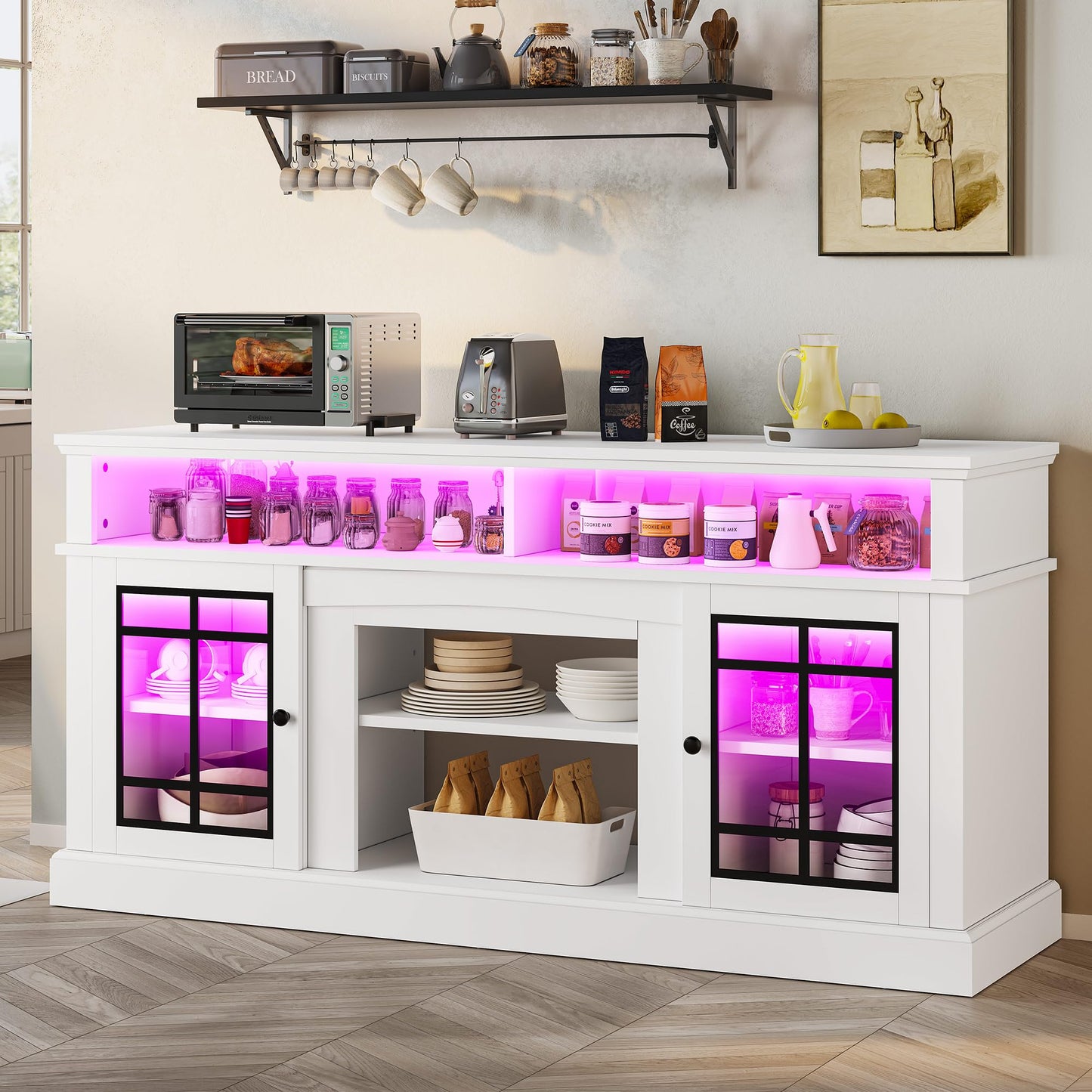 YITAHOME Farmhouse Sideboard Buffet Cabinet with LED Light, 65'' Large Kitchen Cabinet w/Storage, Tempered Glass Doors, Adjustable Shelf, 32'' Tall Coffee Bar Table for Living Room, Dining Room, White