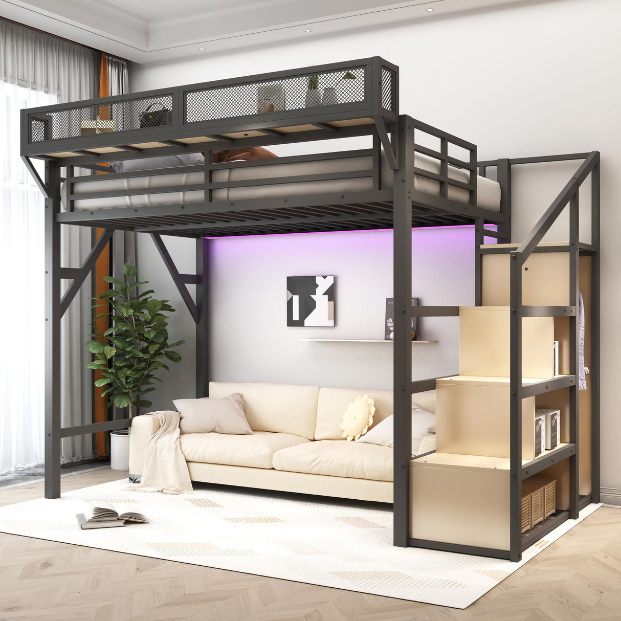 TCMILA Twin XL Size Loft Bed with Convertible Storage Stairs, LED, USB-Port, Heavy Duty Metal Frame with Open Wardrobe, Kids, Adults, Boys, Bedroom, No Box Spring Needed, Black Natural TCMILA