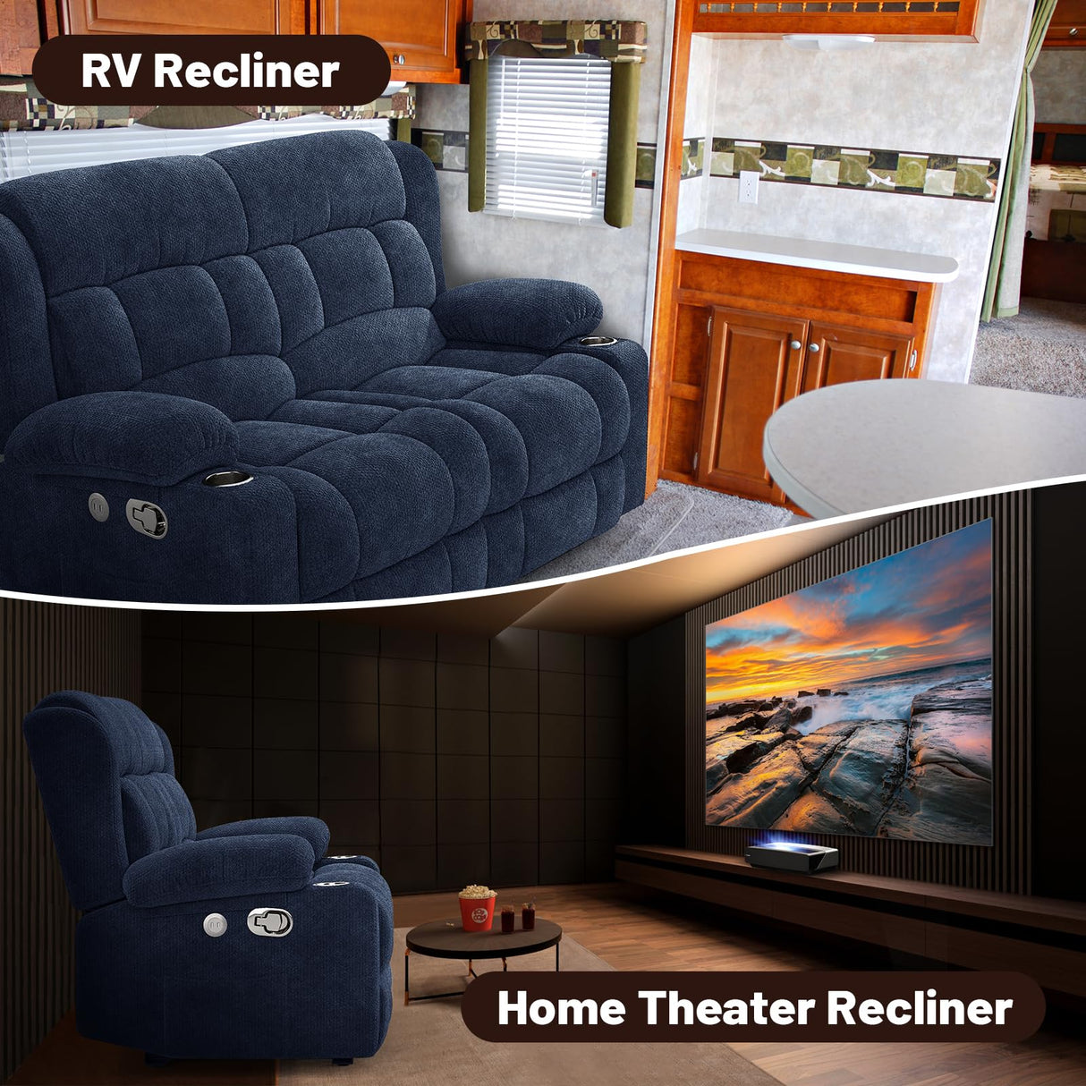 IROSTAE Loveseat Recliner Sofa, 2 Seater Minimalist Style Fabric Manual Pull Tab Reclining Loveseat with USB Charge Ports, Cup Holders, Recliner Love Seat Couches for Living Room, RV, Blue IROSTAE