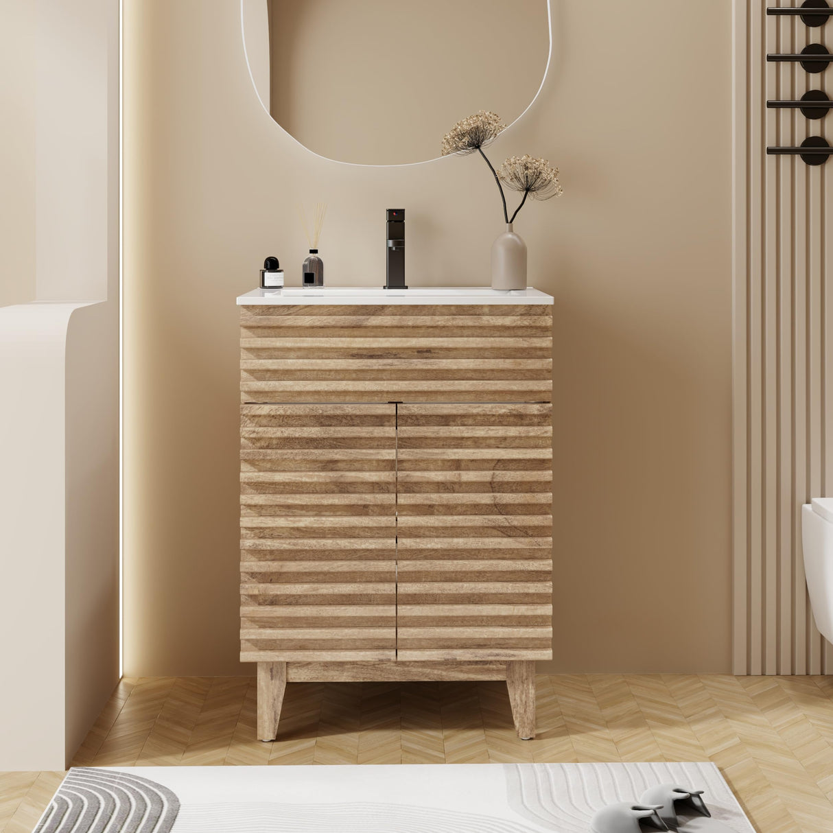 eclife 24" Bathroom Vanity with Sink Combo Mid-Century Freestanding Cabinet with Wood Stripes Decor, Adjustable Shelf, Undermount Sink Faucet Drain, Light Walnut eclife