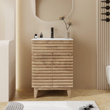 eclife 24" Bathroom Vanity with Sink Combo Mid-Century Freestanding Cabinet with Wood Stripes Decor, Adjustable Shelf, Undermount Sink Faucet Drain, Light Walnut eclife