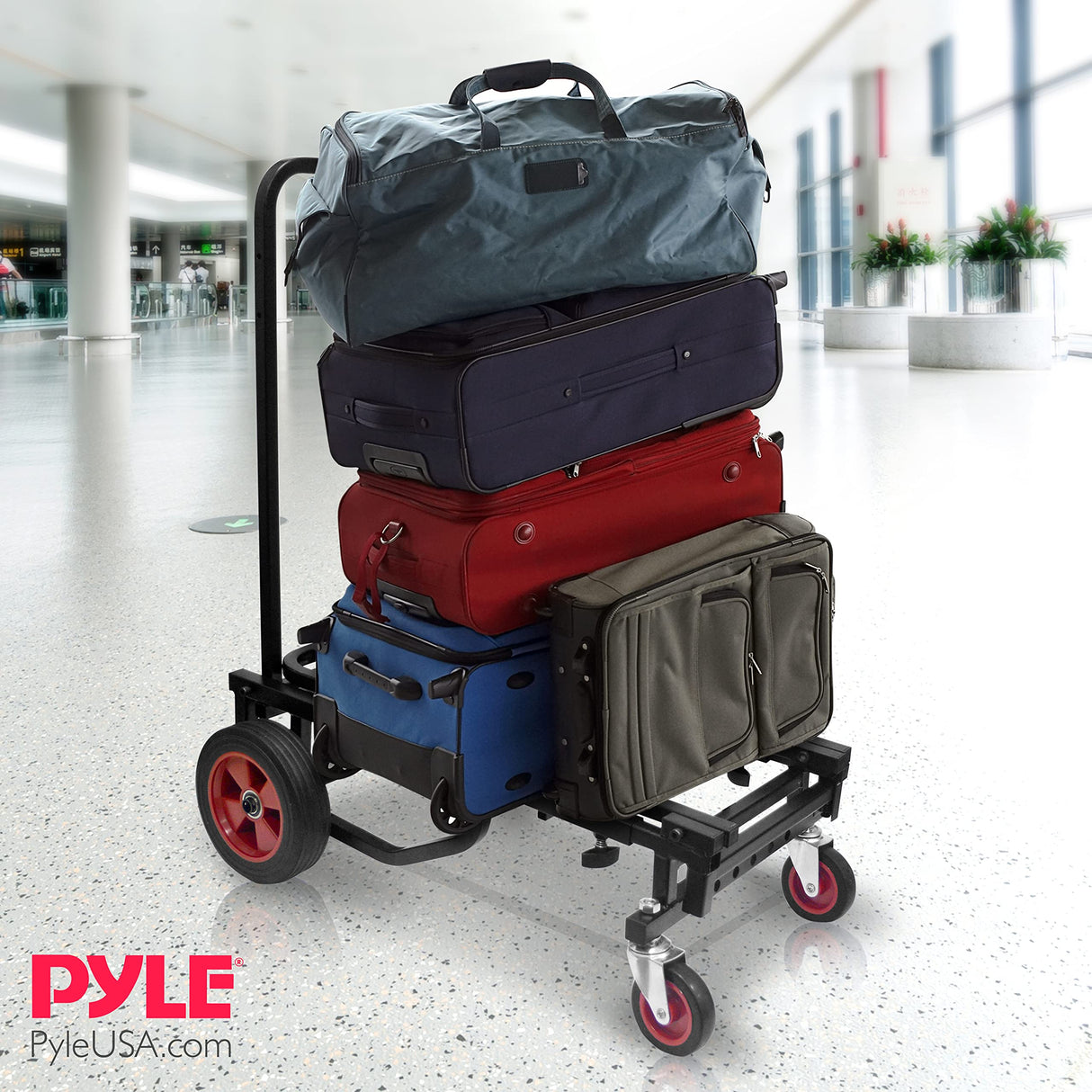 Pyle Compact Folding Adjustable Equipment Cart - Heavy Duty 8-in-1 Convertible Cart Hand Truck/Dolly/Platform Cart with R-Trac Wheels - Expandable Up to 25.24" to 40.24" - Pyle PKEQ38 Pyle