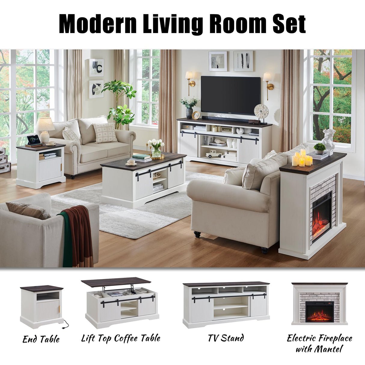 Aitjunz 45" Flip Top Electric Fireplace with Mantel, Electric Fireplace Heater, TV Stand with Freestanding Electric Fireplace, Remote Control, Adjustable Flame Level for Living Room (White) Aitjunz