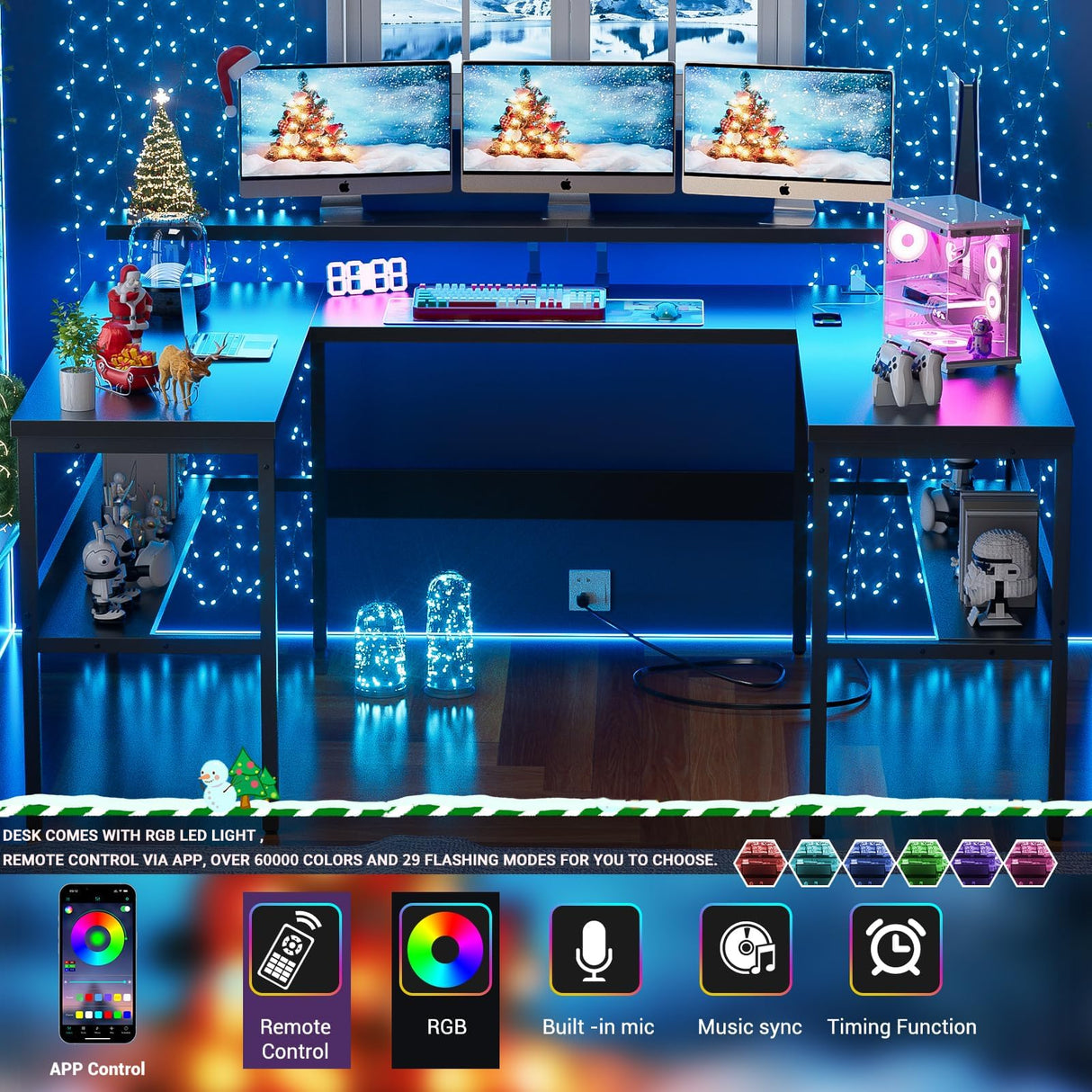 iSunirm U Shaped Computer Desk, Customizable L Shaped Office Desk with Adjustable Monitor Stand & Power Outlets & LED Strip Lights, Large Reversible Gaming Desk with Storage Shelves, Black iSunirm