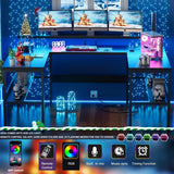 iSunirm U Shaped Computer Desk, Customizable L Shaped Office Desk with Adjustable Monitor Stand & Power Outlets & LED Strip Lights, Large Reversible Gaming Desk with Storage Shelves, Black iSunirm