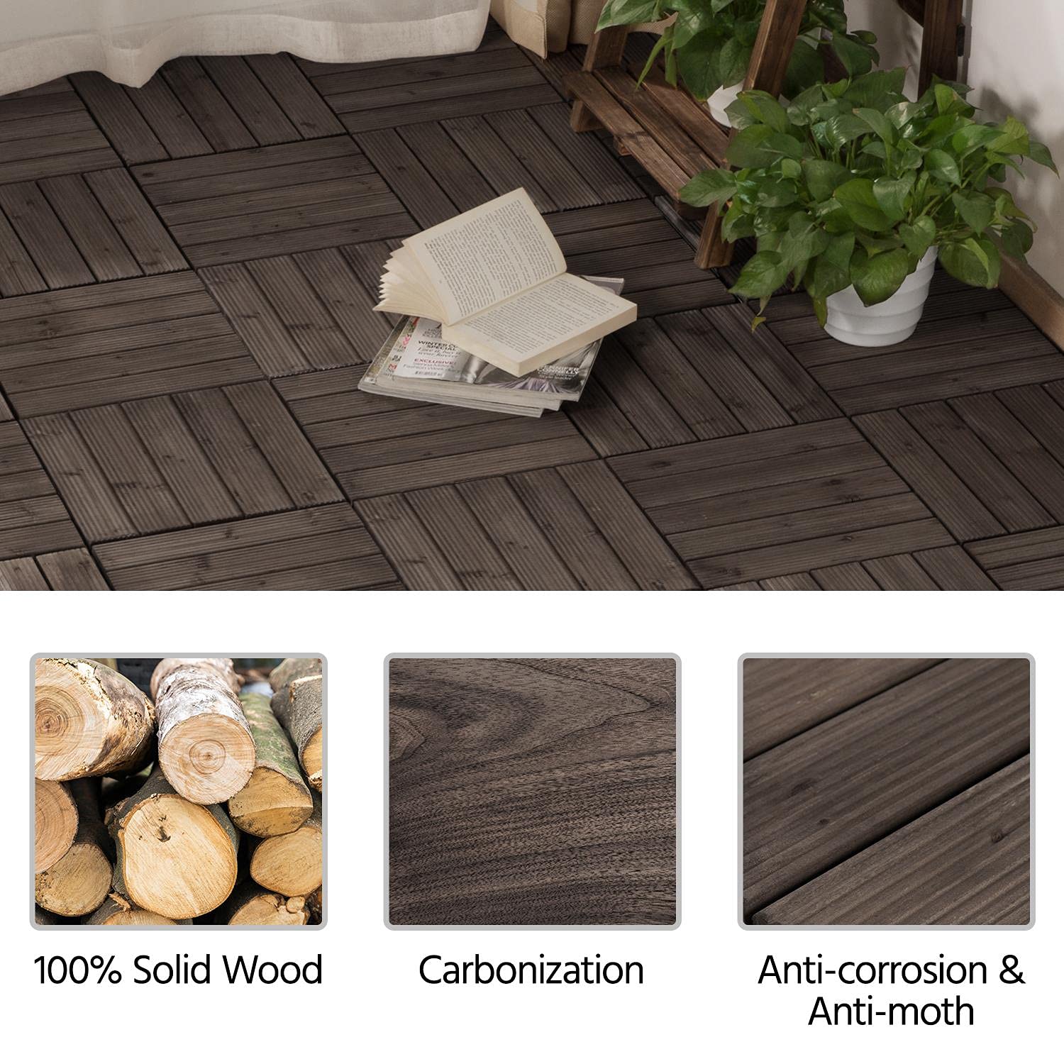 Yaheetech 55pcs Patio Deck Tiles 12 x 12in Interlocking Wood Composite Deck Wooden Flooring Deck Tiles Fir Wood Indoor&Outdoor, Black - WoodArtSupply