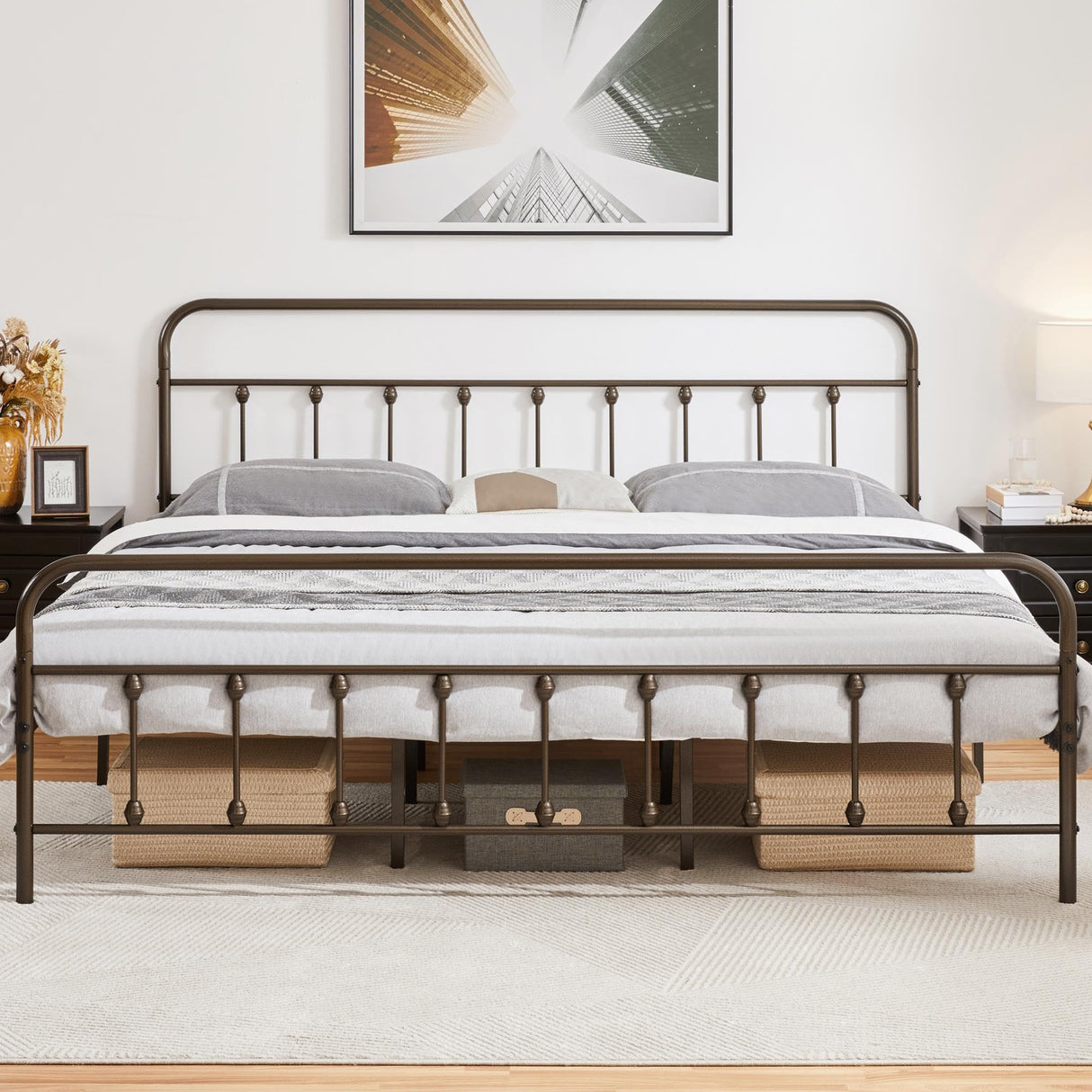 Yaheetech Classic Metal Platform Bed Frame Mattress Foundation with Victorian Style Iron-Art Headboard/Footboard/Under Bed Storage/No Box Spring Needed/King Size Bronze Yaheetech