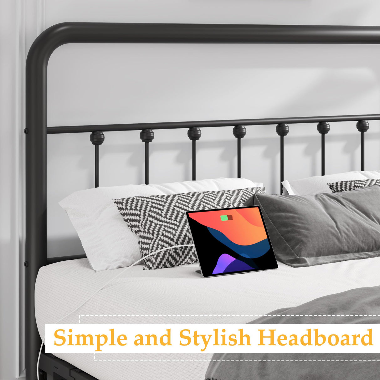 Fluest 14 Inch King Bed Frame Classic Metal Platform Bed Frame with Charging Station & LED, Victorian Style Iron-Art Headboard/Footboard, Under Bed Storage, No Box Spring Needed, Noise Free Fluest