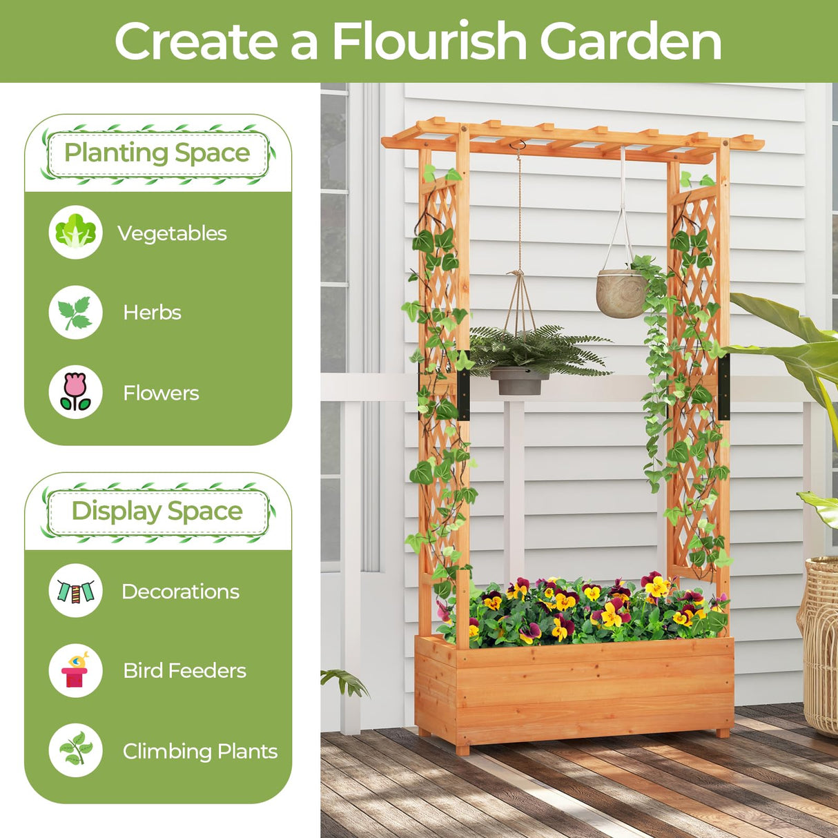 HAPPYGRILL 72" Raised Garden Bed with Trellis, 2 Pack Freestanding Wood Planter Box w/Hanging Roof & 2 Drainage Holes for Vine Climbing Plants Flowers, Outdoor Planter w/Trellis for Garden Patio HAPPYGRILL