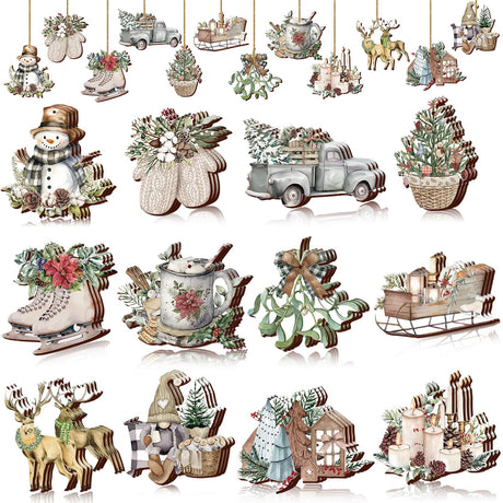Suzile 36 Pcs Christmas Wooden Ornaments Vintage Christmas Tree Ornaments Christmas Decorations for Tree Wreaths Christmas Hanging Wood Cutouts Christmas Decor for Home Xmas Winter Party Suzile
