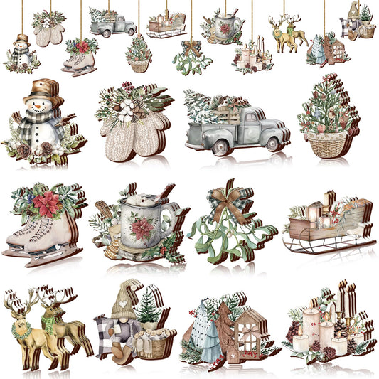 Suzile 36 Pcs Christmas Wooden Ornaments Vintage Christmas Tree Ornaments Christmas Decorations for Tree Wreaths Christmas Hanging Wood Cutouts Christmas Decor for Home Xmas Winter Party