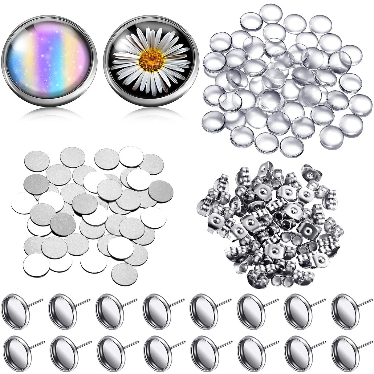 200 Pieces Sublimation Stainless Steel Blank Stud Earring Set Includes 50 Bezel Blank Setting 50 Aluminum Sheets with 50 Glues 50 Glass Discs for DIY Jewelry Findings, Earring Making (Silver, 10 mm) Hicarer
