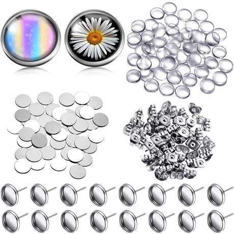 200 Pieces Sublimation Stainless Steel Blank Stud Earring Set Includes 50 Bezel Blank Setting 50 Aluminum Sheets with 50 Glues 50 Glass Discs for DIY Jewelry Findings, Earring Making (Silver, 10 mm) Hicarer