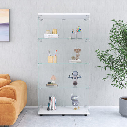 KEIKI Glass Display Cabinet with Doors and Keys, 4-Tier Glass Display Shelf Curio Cabinet, Standing Trophy Collection Display Case with Lock & Handle, White