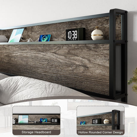 AMERLIFE King Size Lift Up Storage Bed Frame, Wooden Platform Bed Frame with Lifting Storage & Charging Station, No Spring Box Needed/Noise Free, Rustic Grey AMERLIFE