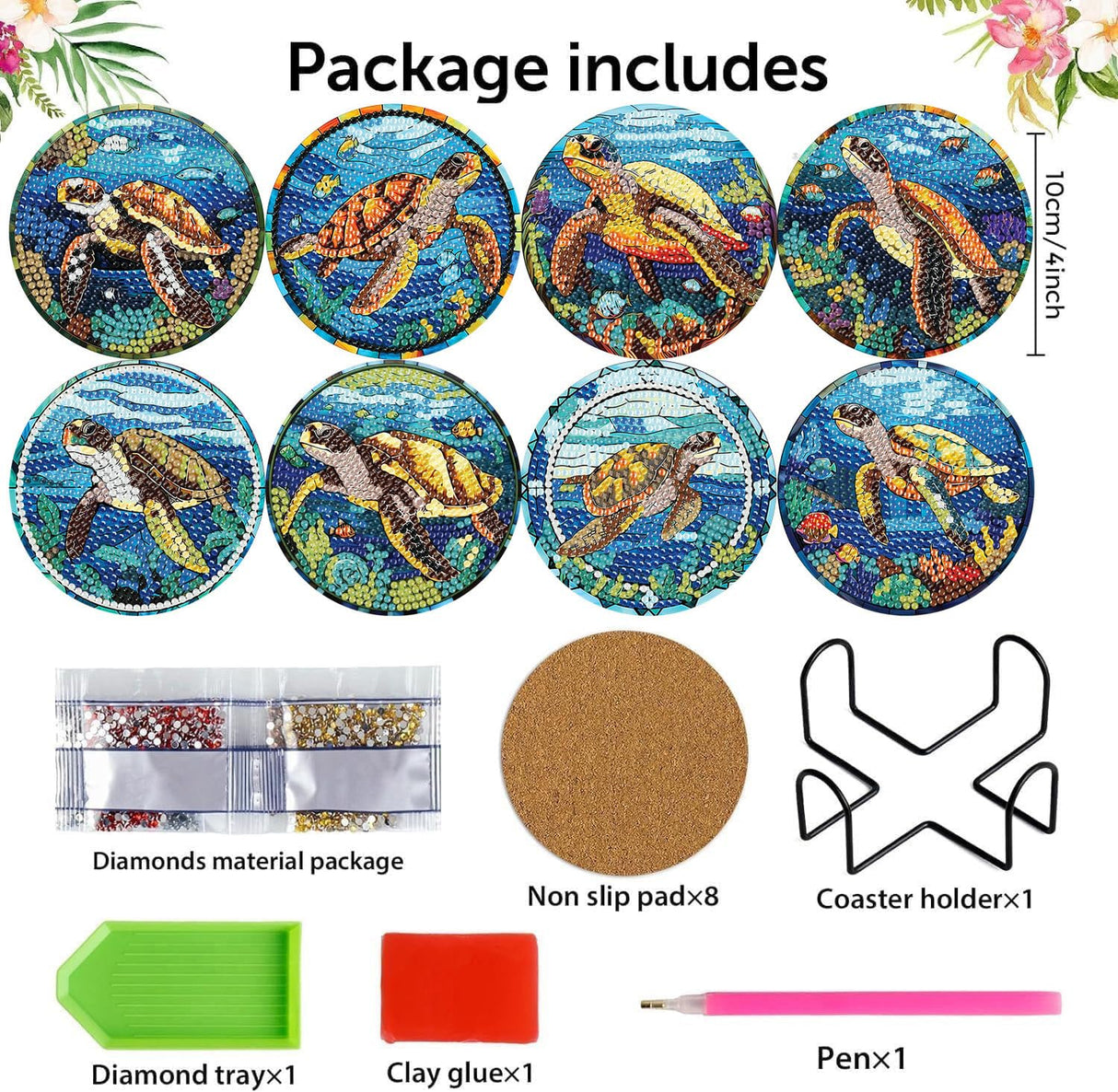 mrpwnle 8 Pack Turtle Diamond Art Coasters Kits, Sea Turtle Diamond Painting Coasters Kits Set with Holder Cork Pads, DIY Diamonds Art Non Slip Coaster Crafts Supplies Kit mrpwnle