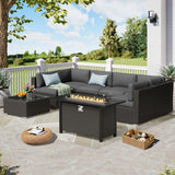 Incbruce 8-Piece Patio Furniture Set with Fire Pit Table, PE Black Brown Wicker Rattan Outdoor Sectional Couch, Patio Conversation Set with Glass Table and Removable Cushions (Grey) Incbruce