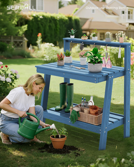 SERWALL Potting Bench Outdoor with Storage, 3-Tier HDPE Gardening Table with Angled Legs & Tool Hooks, All-Weather Heavy Duty Potting Table for Patio, Backyard, Garden, Blue SERWALL