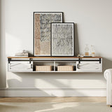 FITUEYES Floating TV Stand for TVs up to 85 Inch, Wood Entertainment Center With Sliding Barn Door, TV Shelf Media Console Table for Living Room, Bedroom, Antique White FITUEYES