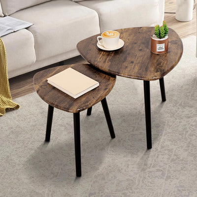 Nesting Coffee Table Set of 2 Triangular End Side Tables Modern Industrial Simple Nightstand Center Table for Living Room Bedroom Apartment, Retro Brown