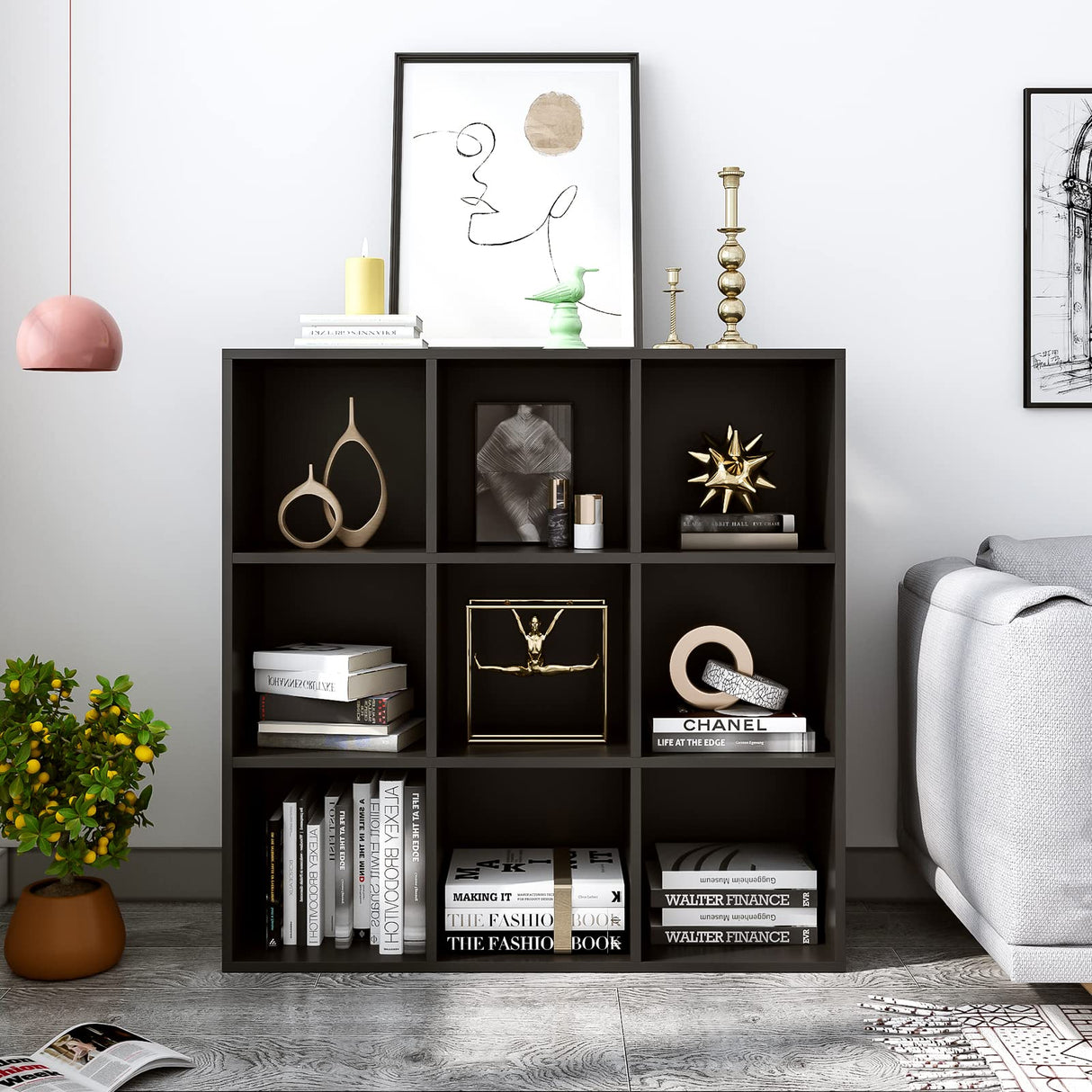 OSCHF Modern 9-Cube Wooden Storage Shelf - Stylish Black 3-Tier Bookcase for Home and Office OSCHF